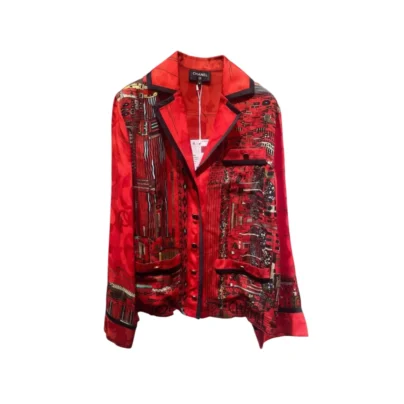Chanel 26A Red Silk Shirt with New York Print