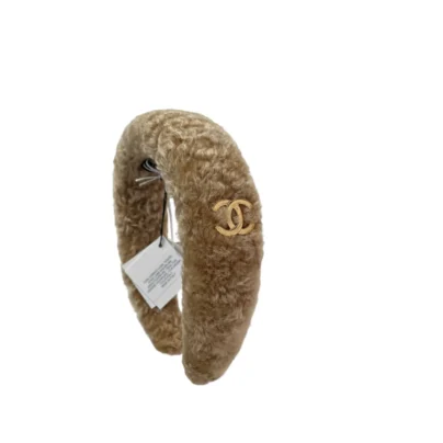 Chanel Beige Shearling Fur Headband with cc logo