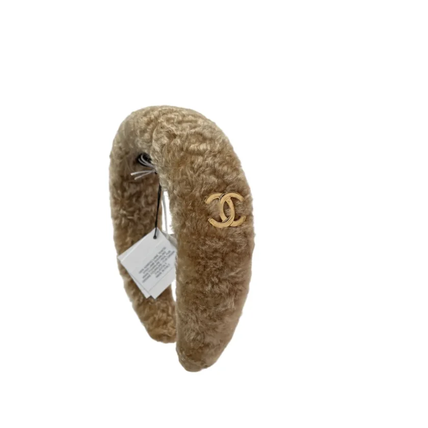 Chanel Beige Shearling Fur Headband with cc logo