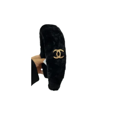 Chanel Black Shearling Fur Headband with gold-tone cc logo