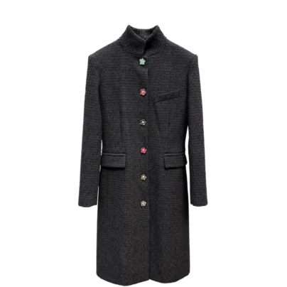 Chanel Black Tweed Coat Multicolor Flower Buttons 2026 Metiers D'art