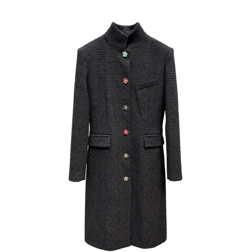 Chanel Black Tweed Coat Multicolor Flower Buttons 2026 Metiers D'art