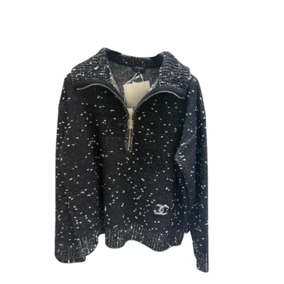 Chanel Black White Knit quarter zip sweater size 36