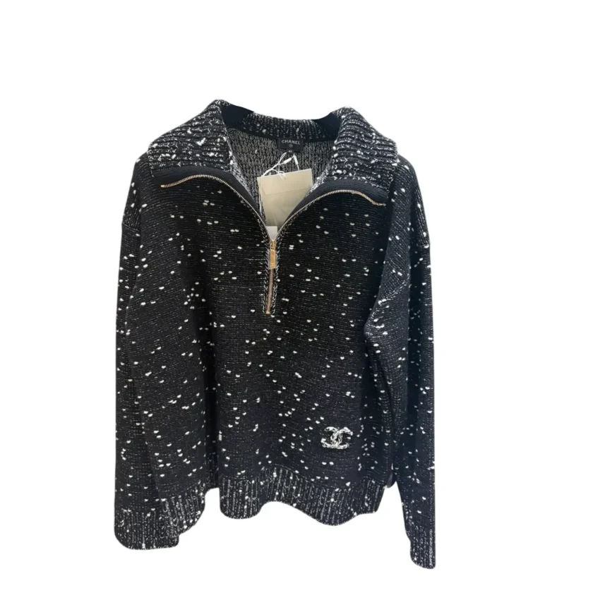 Chanel Black White Knit quarter zip sweater size 36