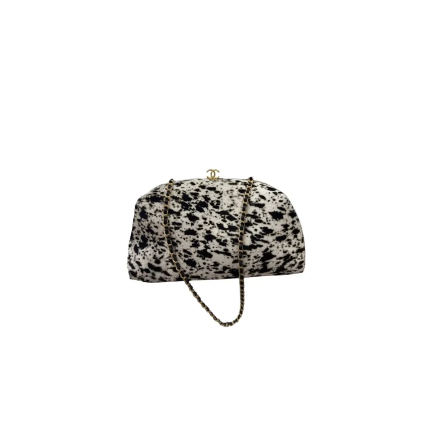 Chanel Black White Pony Hair Printed Clutch with Chain Metiers D'Art