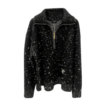 Chanel Black Wool Knit quarter-zip sweater 26B