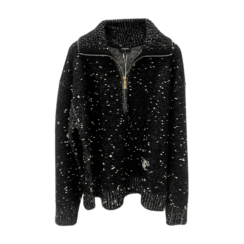 Chanel Black Wool Knit quarter zip sweater 26B