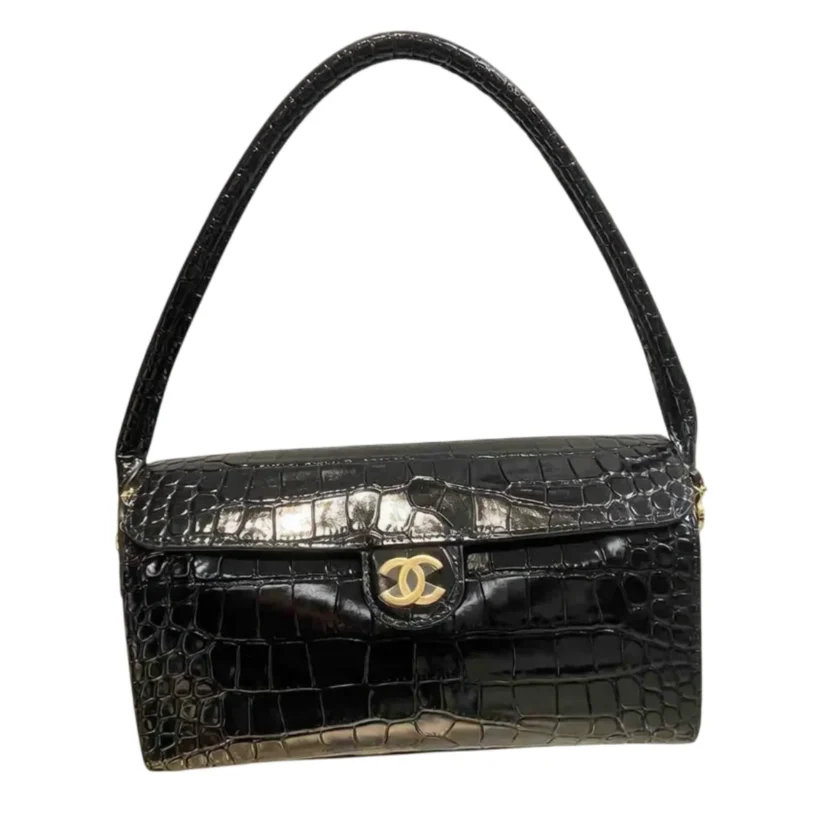 Chanel Clutch Bag with Chain Black Croc Embossed Calfskin Gold Hardware