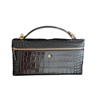 Chanel Crocodile Embossed Black Leather Vanity Bag with chain