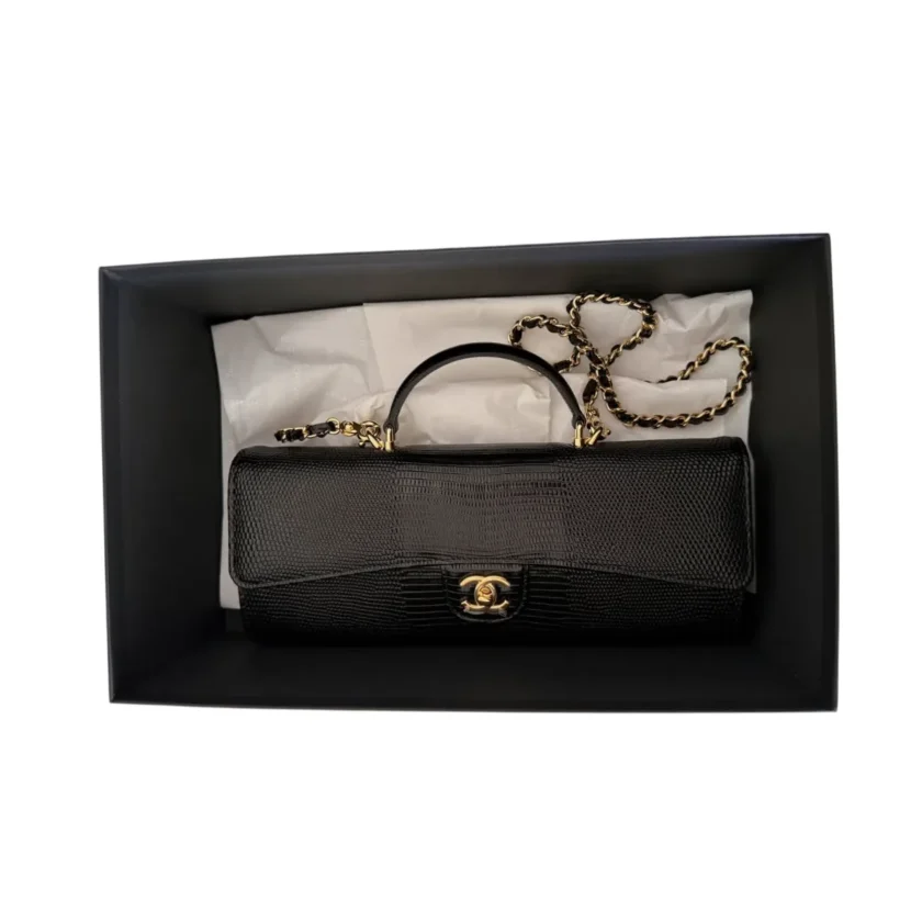 Chanel Long Top Handle Clutch With Chain Black Lizard Embossed Calfskin