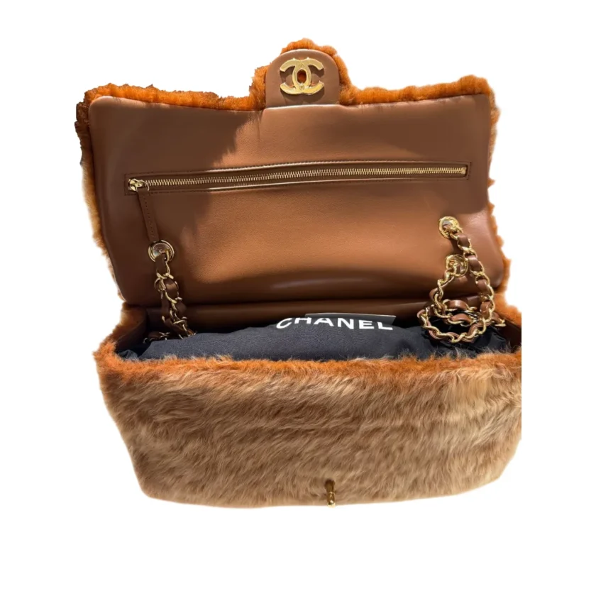 Chanel Maxi Flap Bag Brown Shearling Fur Gold Tone Hardware interior
