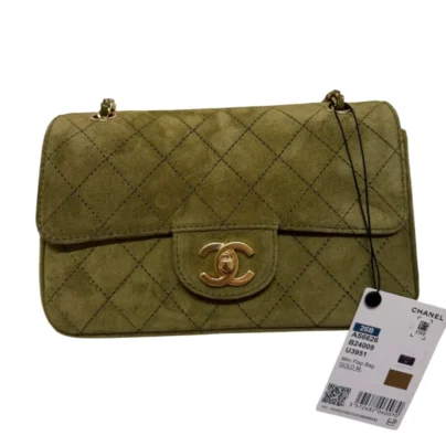 Chanel Mini Classic Flap 26B Khaki Green Suede Calfskin Gold-tone Hardware