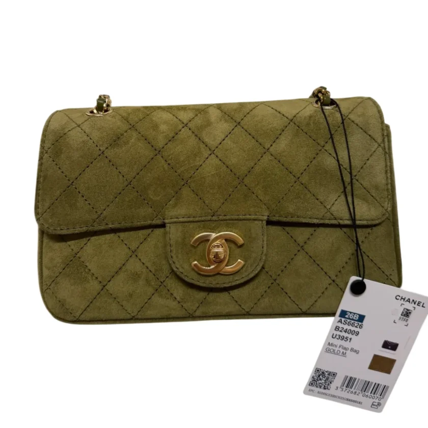 Chanel Mini Classic Flap 26B Khaki Green Suede Calfskin Gold tone Hardware