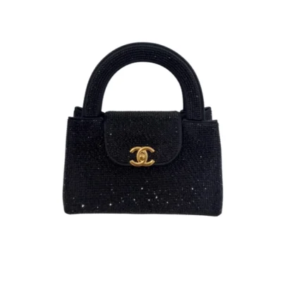 Chanel Mini Kelly Black Shopping Bag Strass and Gold-tone Hardware