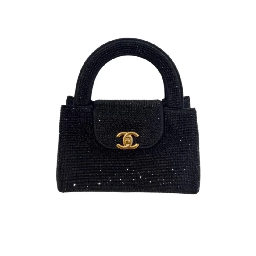 Chanel Mini Kelly Black Shopping Bag Strass and Gold tone Hardware