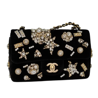 Chanel Mini Rectangle Flap Fall Winter 2025/26 Black Velvet Rhinestones Crystals Gold-tone Hardware