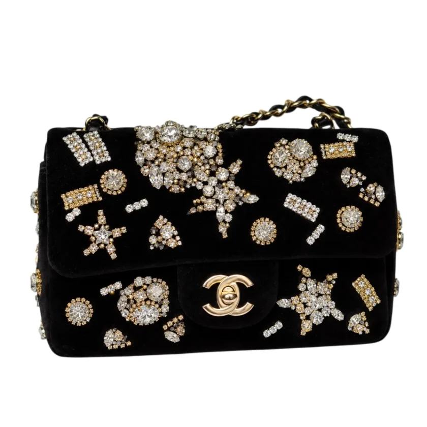 Chanel Mini Rectangle Flap Fall Winter 2025:26 Black Velvet Rhinestones Crystals Gold tone Hardware
