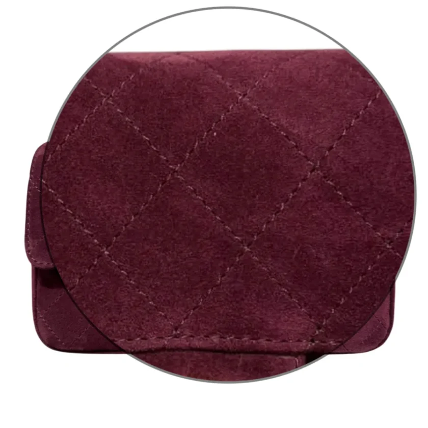 Chanel Mini Souplissimo Classic Flap 26B Burgundy Suede Gold tone Hardware detail