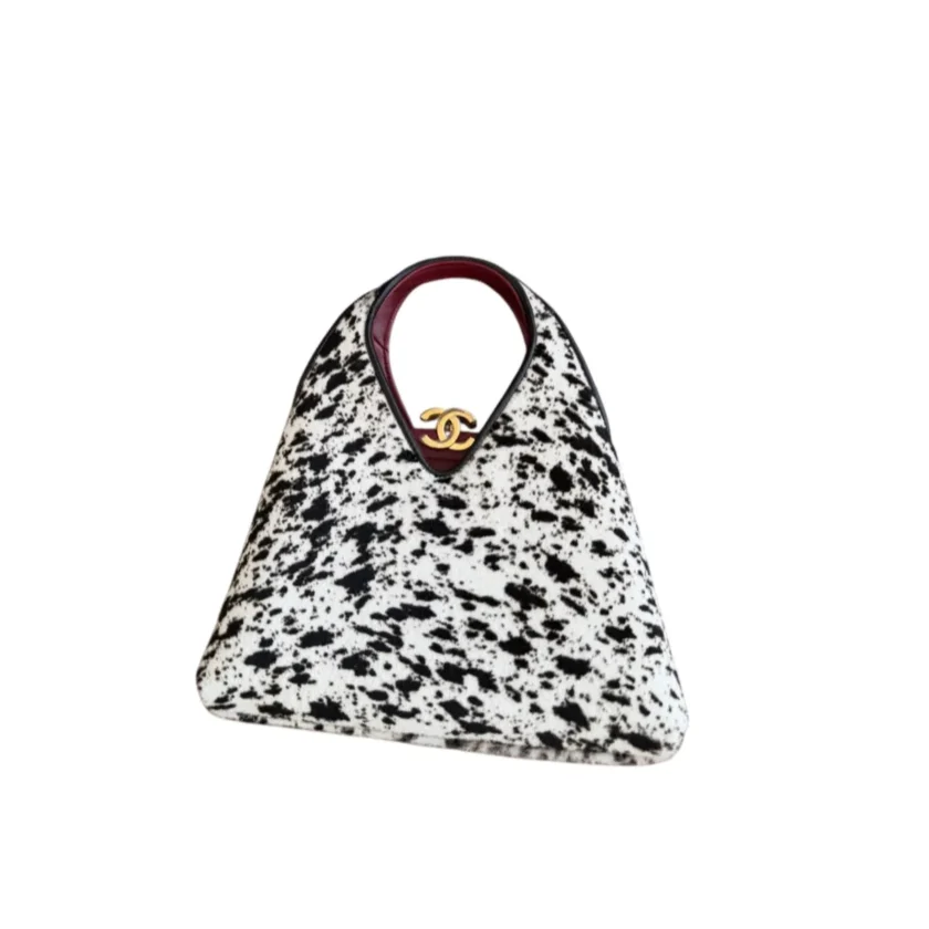 Chanel Pony Hair White Black Printed Small Shopping Tote Bag Gold Hardware