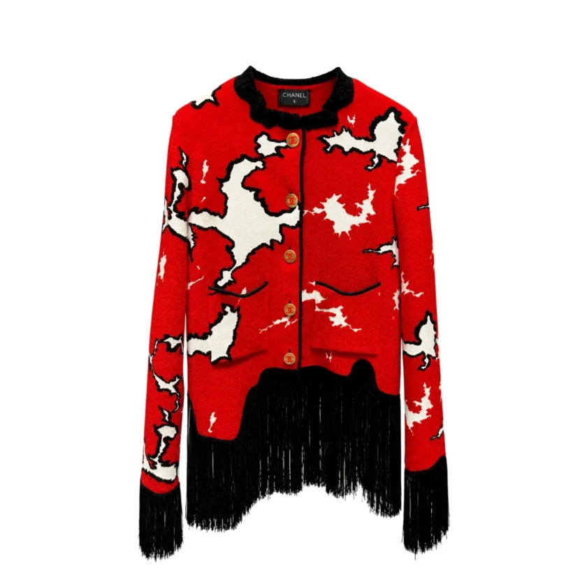 Chanel Red White Black Mixed Fibers Jacket with Fringed Hem Metiers D'Art 2026