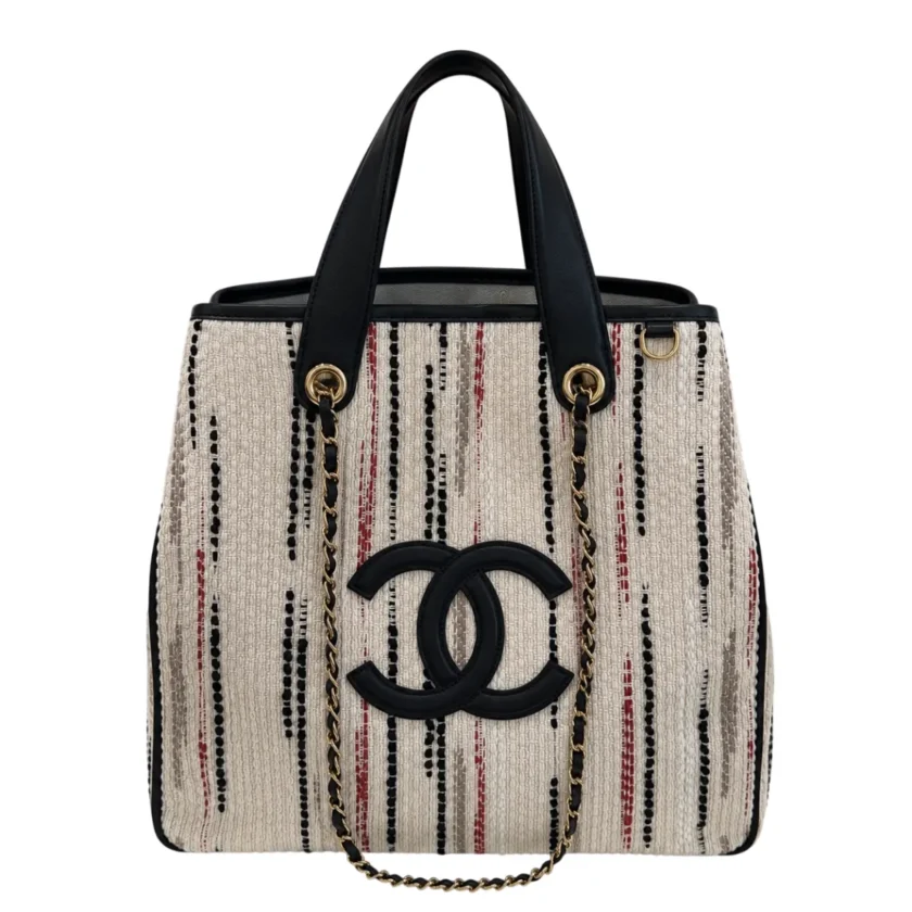 Chanel Small Shopping Tote Bag Beige Canvas Gold tone hardware