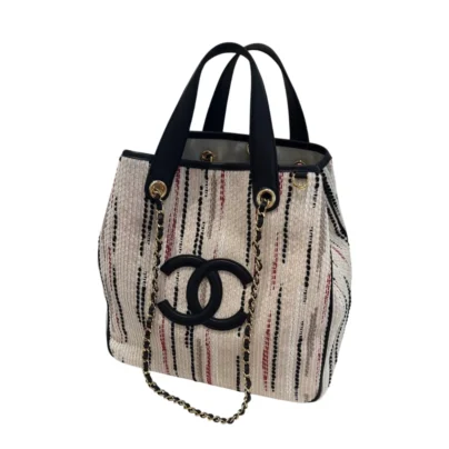 Chanel Small Shopping Tote Bag Beige Canvas Gold tone hardware side AS6200 B25749 UD596