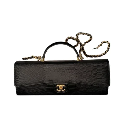 Chanel Top Handle Long Clutch With Chain Black Lizard Embossed Calfskin