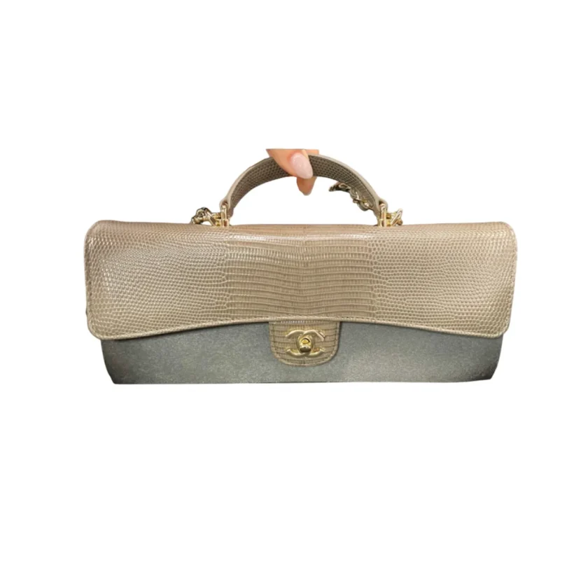 Chanel Top Handle Long Clutch With Chain Dark Khaki Lizard Embossed Calfskin
