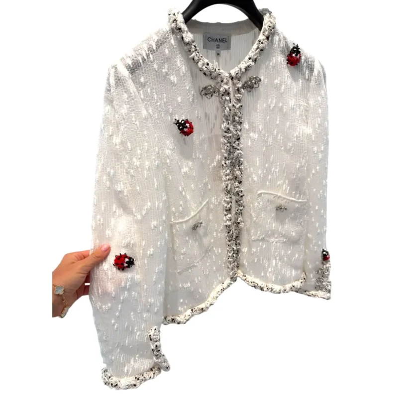 Chanel White Tweed Jacket with Ladybug Brooches Metiers D'Art 2026