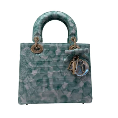 Christian Dior Mini Lady Dior Crocodile Flower Pattern Green and White