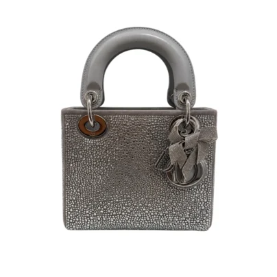 Dior Mini Lady Dior Grey Strass Rhinestones Calfskin and strass bow charm