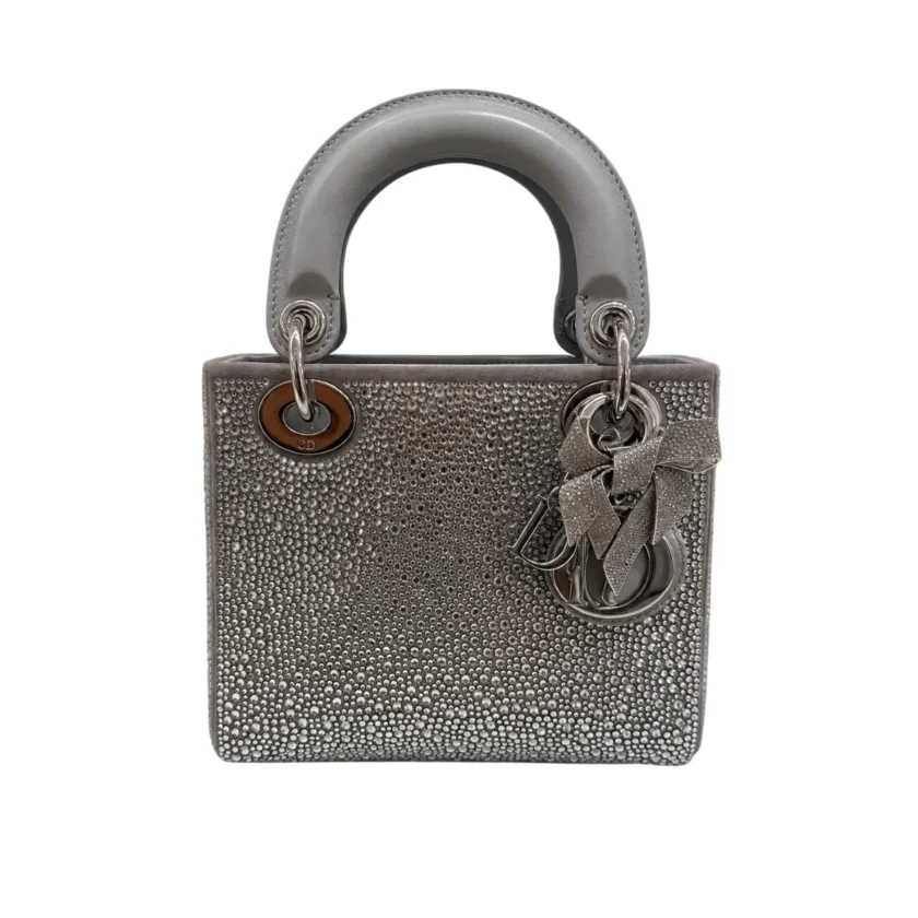 Dior Mini Lady Dior Grey Strass Rhinestones Calfskin and strass bow charm