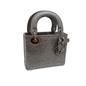 Dior Mini Lady Dior Grey Strass Rhinestones Calfskin and strass bow charm side