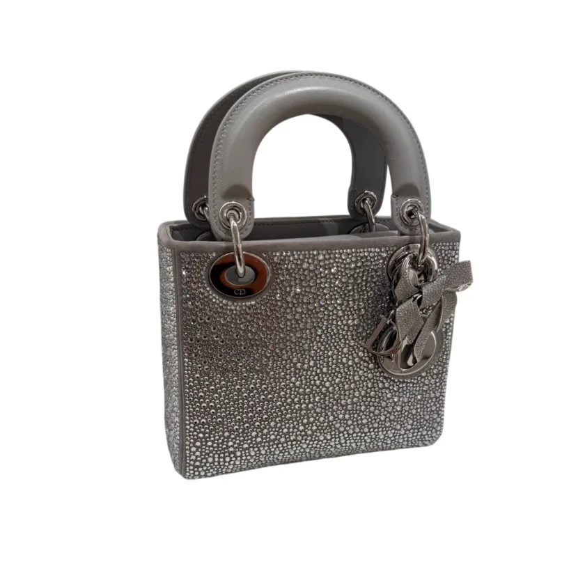 Dior Mini Lady Dior Grey Strass Rhinestones Calfskin and strass bow charm side