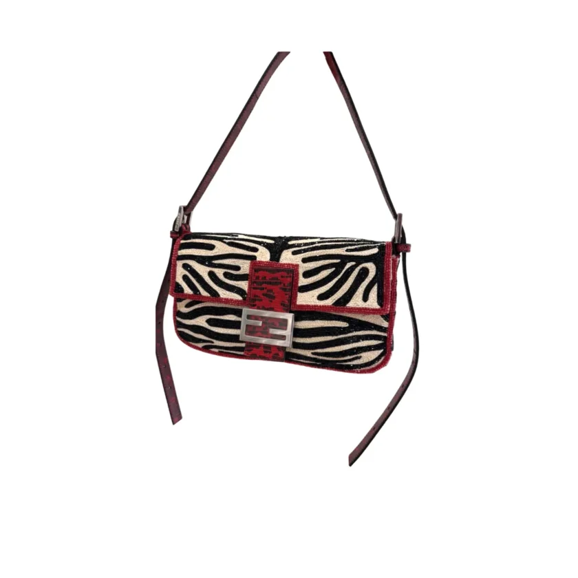 Fendi Baguette 26424 Re Edition Black Red Raffia bead Embroidery Shoulder bag