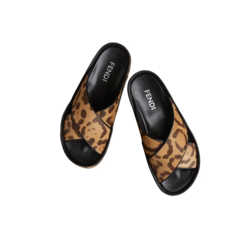 Fendi Double Animal Print Brown Hair On Leather Platform Slides