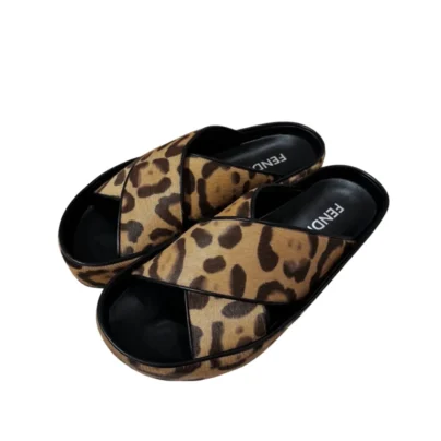 Fendi Double Leopard Print Brown Hair-On Leather Platform Slides