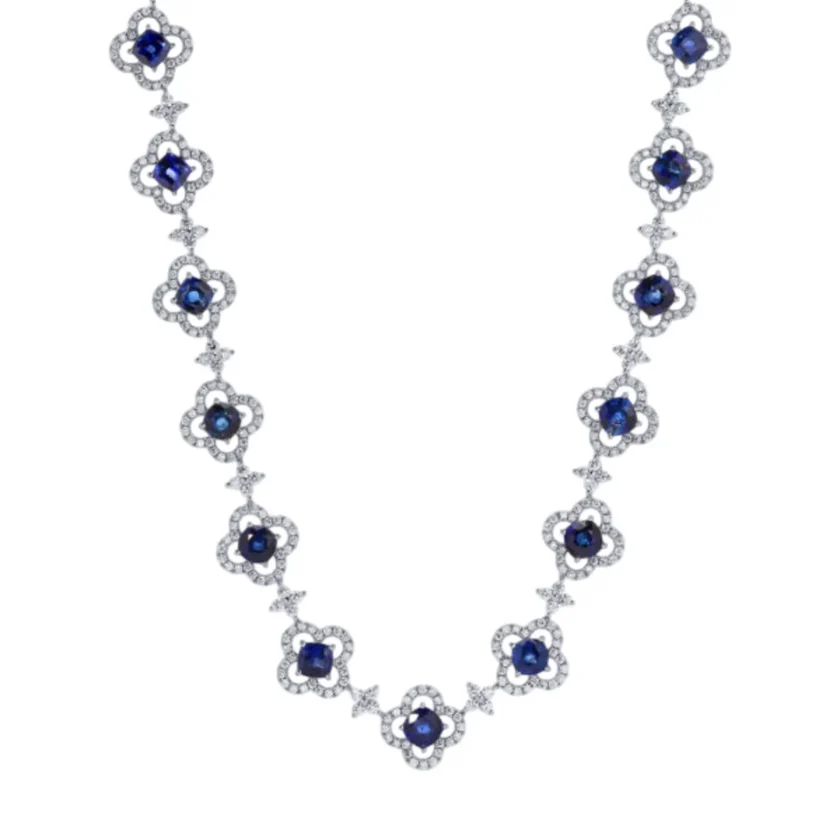Fine Jewelry 18k White Gold Diamonds Blue Sapphire Necklace