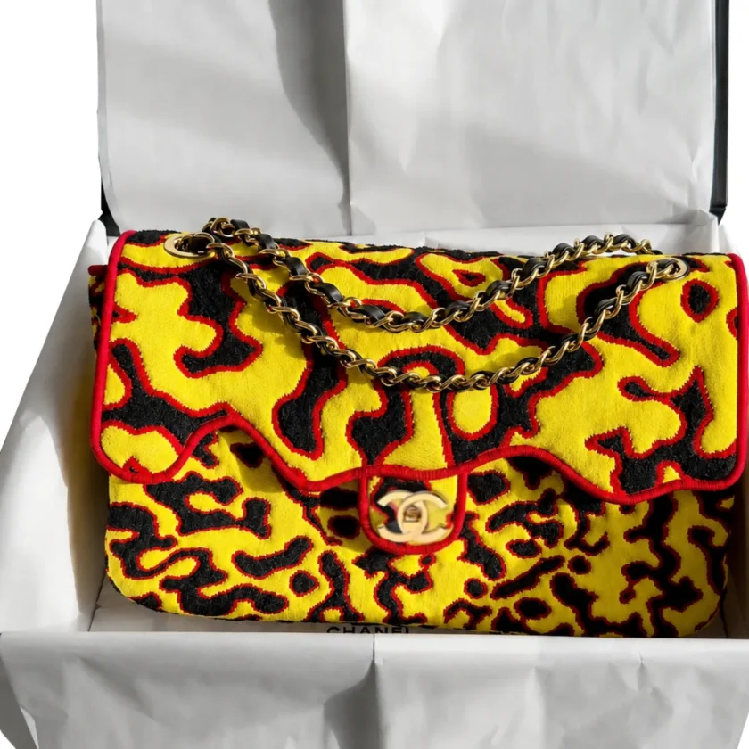 Flame Chanel Maxi Magma Flap Bag Yellow Black Red Mixed Fibers Gold tone Hardware