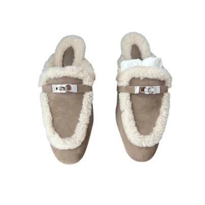 Hermès Oz Mule Étoupe Suede and Shearling Fur Palladium Kelly Buckle