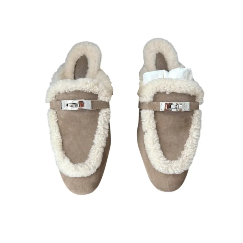 Hermès Oz Mule Étoupe Suede and Shearling Fur Palladium Kelly Buckle