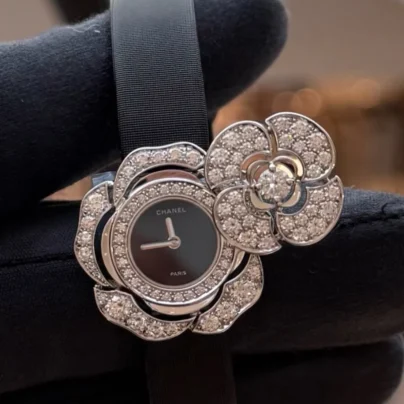 New Chanel Camelia Secret Watch 15mm Diamond 18k White Gold ref J11460