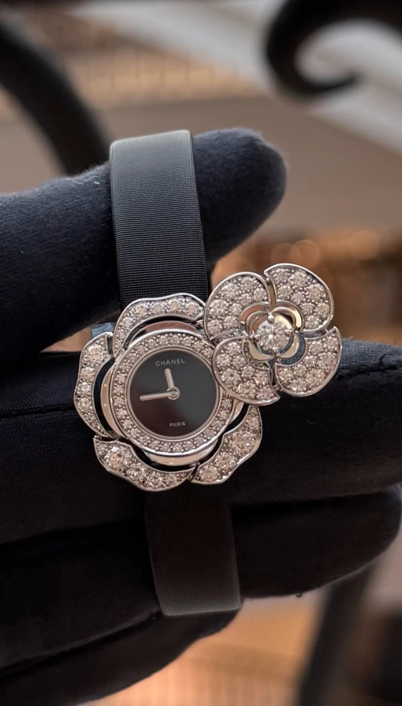 New Chanel Camelia Secret Watch 15mm Diamond 18k White Gold ref J11460