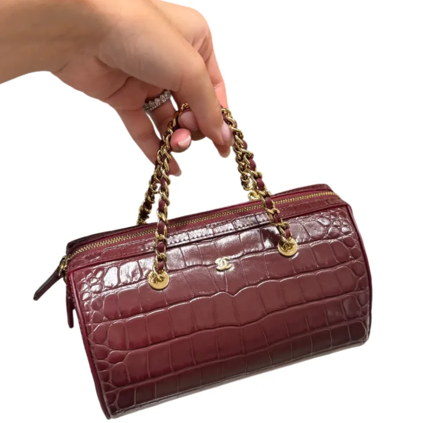 New Chanel Mini Bowling With Chain Burgundy Crocodile Embossed Calfskin