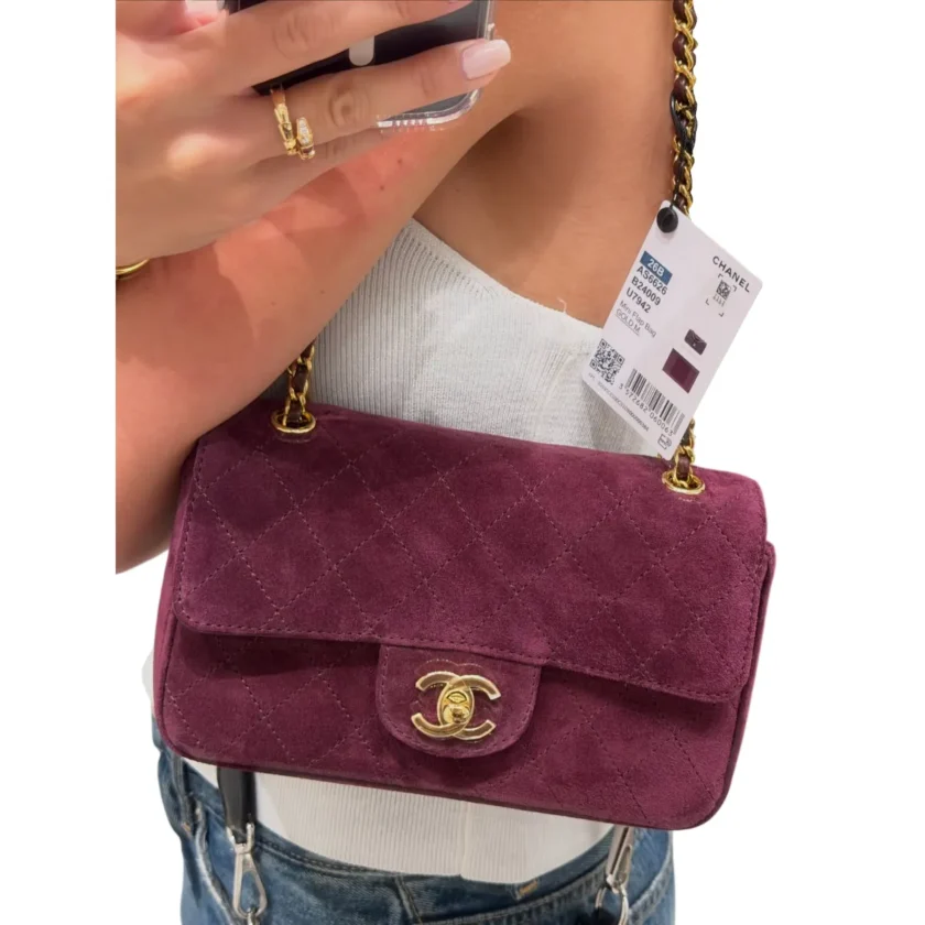 New Chanel Mini Souplissimo Classic Flap 26B Burgundy Suede Gold tone Hardware
