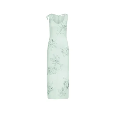 Oscar De La Renta Hibiscus Embroidered Knit Saltwater Green Pencil Dress