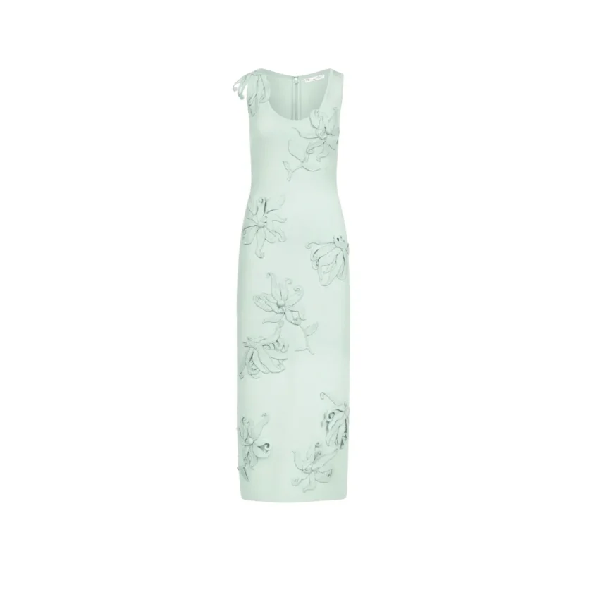 Oscar De La Renta Hibiscus Embroidered Knit Saltwater Green Pencil Dress