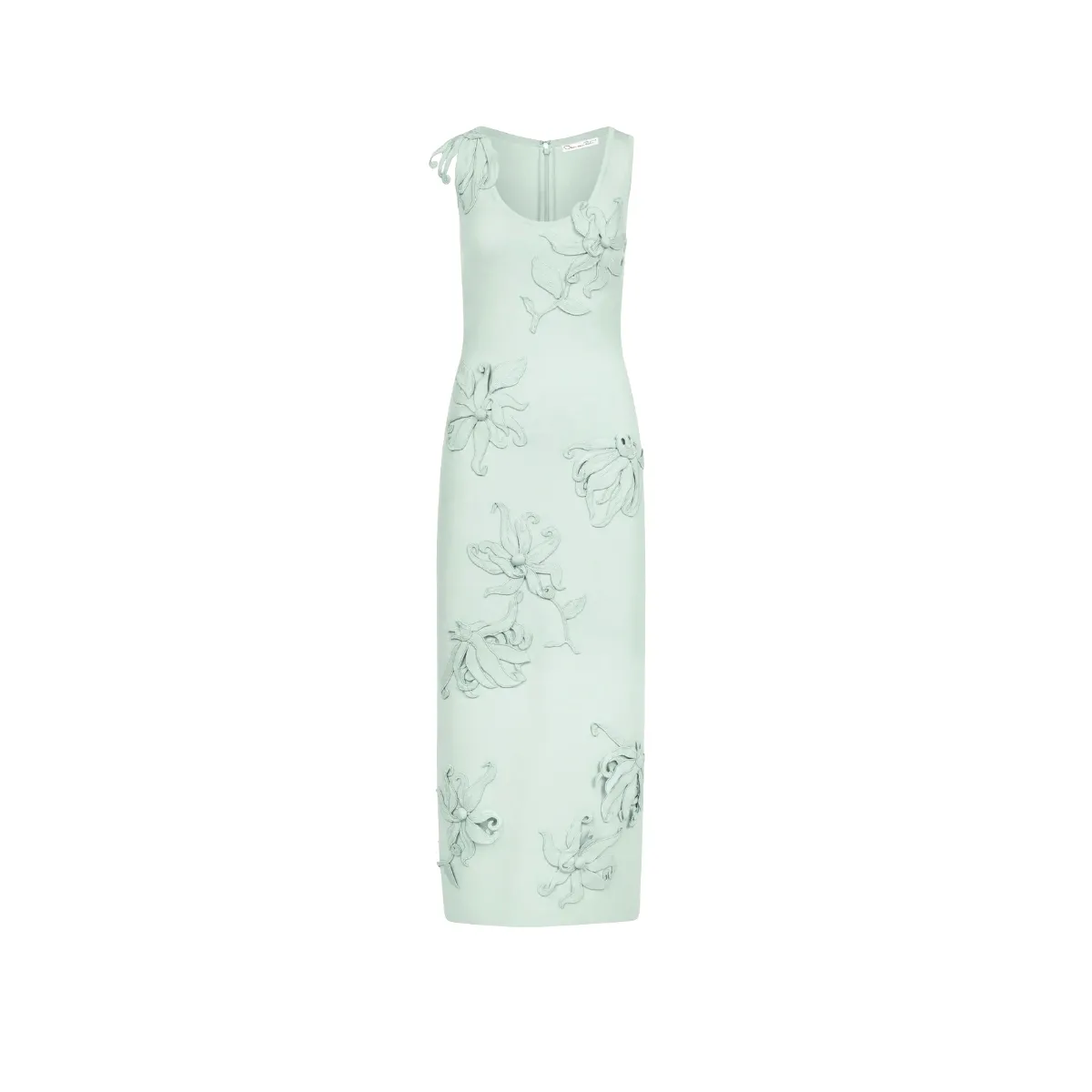 Oscar De La Renta Hibiscus Embroidered Knit Saltwater Green Pencil Dress