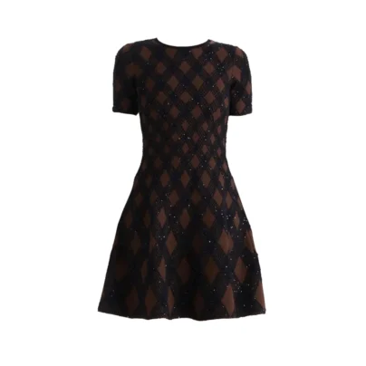 Oscar De La Renta Navy Brown Argyle Knit Short Dress