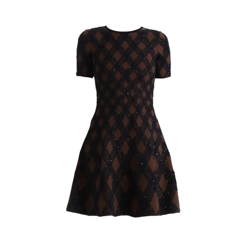 Oscar De La Renta Navy Brown Argyle Knit Short Dress